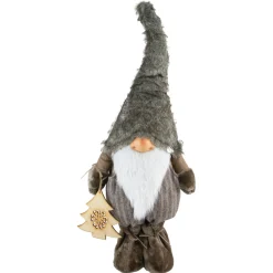 Woodland Gnome Holding a Wooden Tree Christmas Figurine - 33" - Brown and White Gnomes