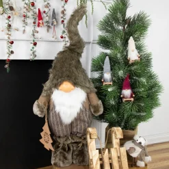 Woodland Gnome Holding a Wooden Tree Christmas Figurine - 33" - Brown and White Gnomes